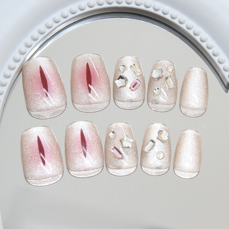 Glamorous Elegance Short Square Gradient Pink Press On Nail Set with Shimmer and Rhinestone Accents