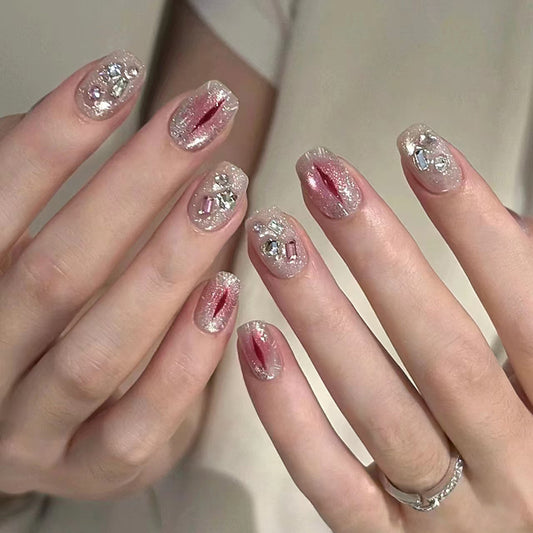 Glamorous Elegance Short Square Shaped Pink Ombre Press On Nail Set with Rhinestone Accents