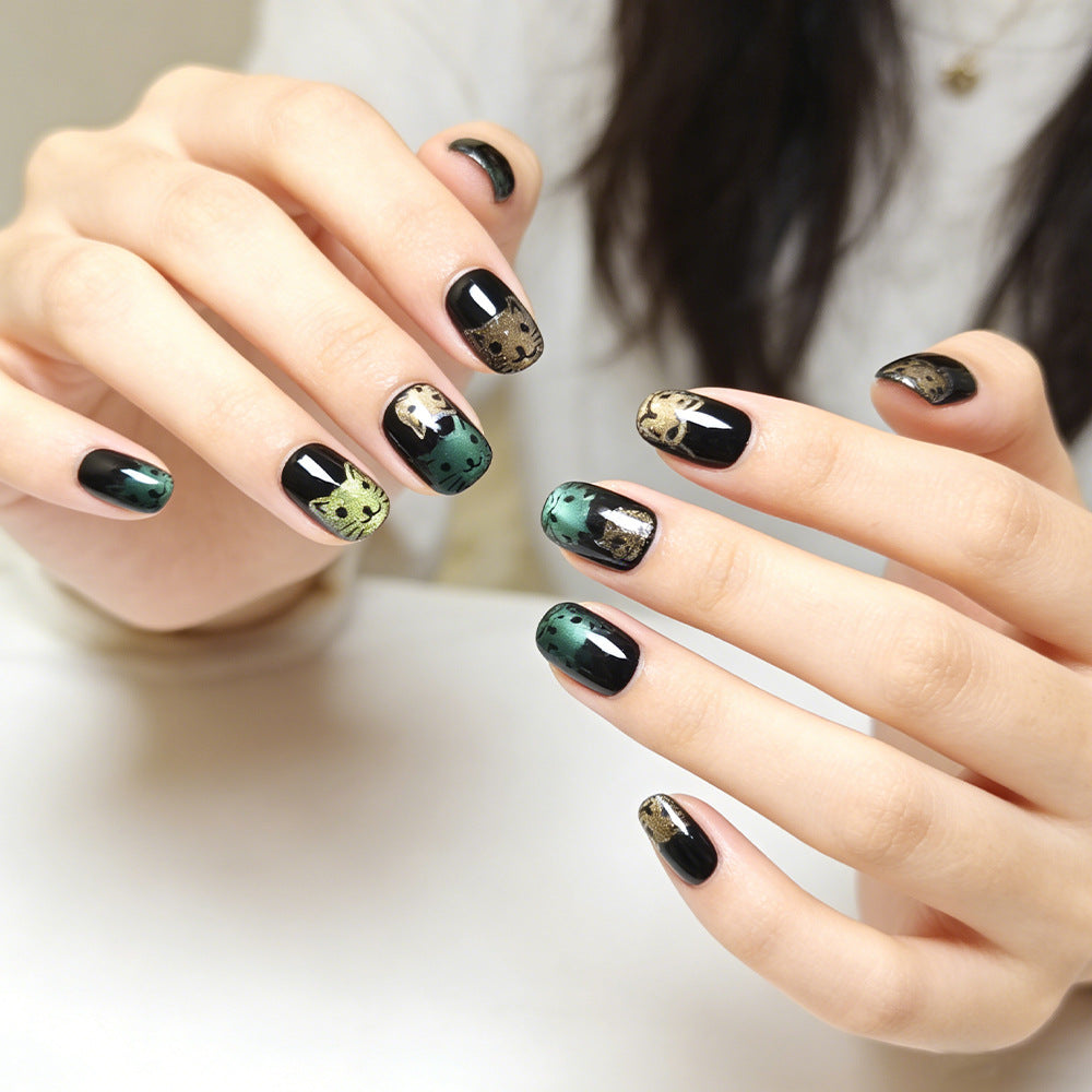 Whimsical Cat Inspired Medium Square Green and Gold Metallic Press-On Nail Set