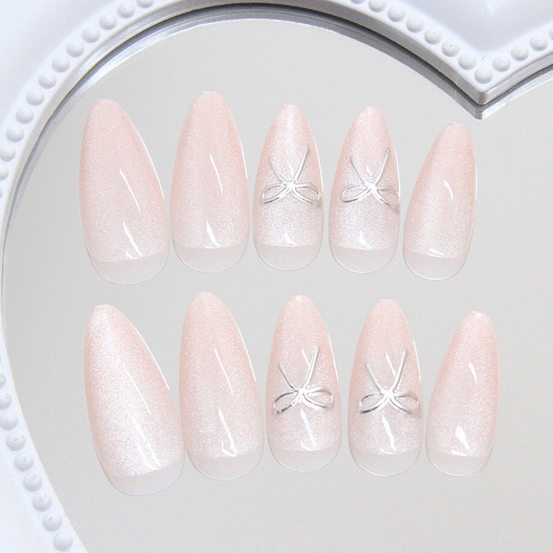 Charming Blush Medium Almond Shaped Glossy Pink Press On Nail Set with Elegant Bow Accent