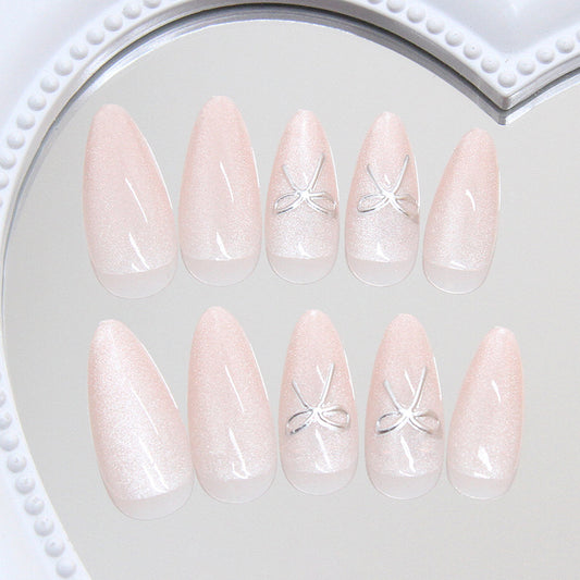Charming Blush Medium Almond Shaped Glossy Pink Press On Nail Set with Elegant Bow Accent