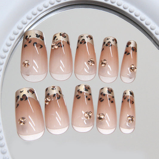 Wild Chic Elegance Medium Coffin Beige with Leopard Print and Sparkling Detail Press On Nail Set