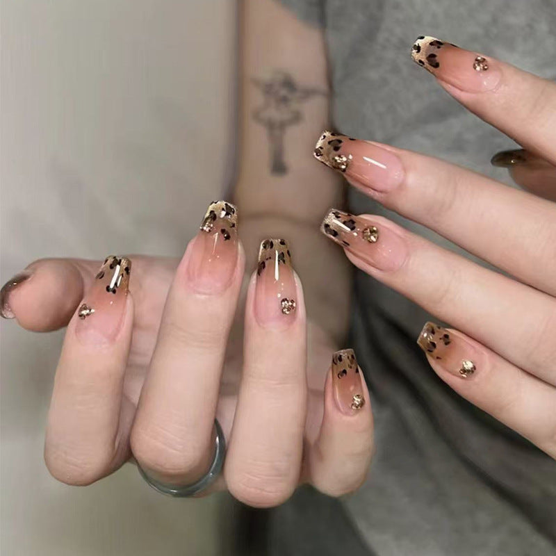 Savanna Glamour Long Coffin Ombre Brown with Eye-Catching Gold Accents Press-On Nail Set