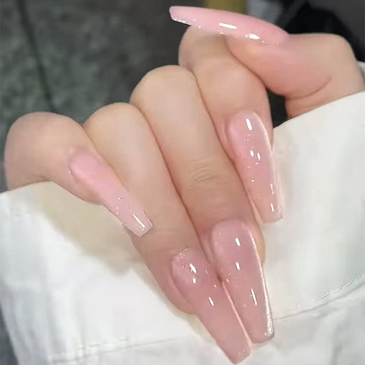 Chic Elegance Long Coffin Glossy Pink Press On Nail Set with Shimmering Finish