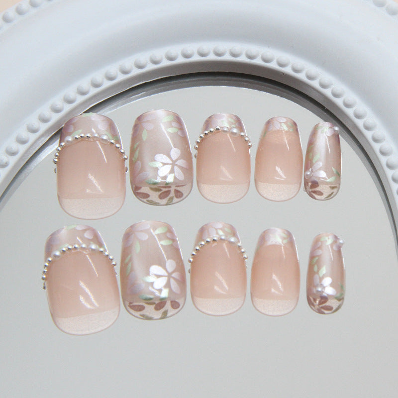 Floral Elegance Short Square Neutral Beige Nail Set with Pearl Accents and Delicate Design