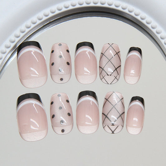 Chic Minimalist Glamour Short Square Blush Pink Press On Nails with Unique Black Accents and Patterns