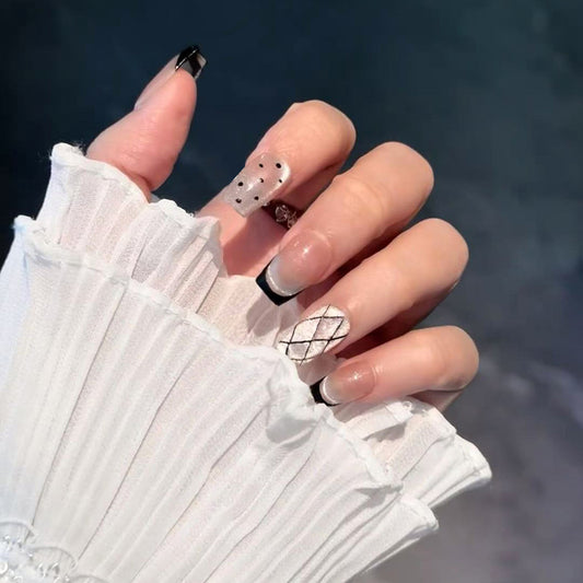 Chic Glamour Elegant Medium Square Black and White Press On Nail Set with Unique Textured Design