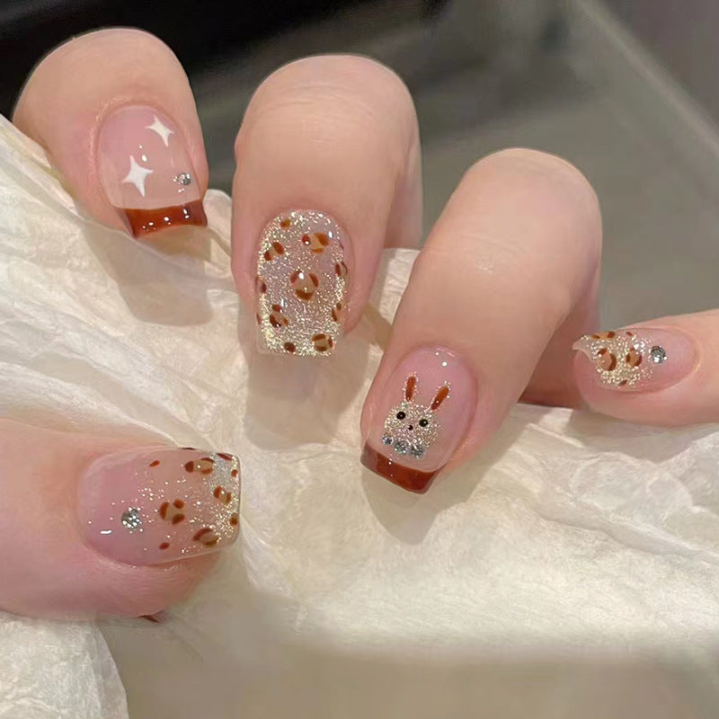 Cozy Bunny Vibes Short Square Brown and Clear Glittery Press-On Nail Set with Cute Rabbit Design