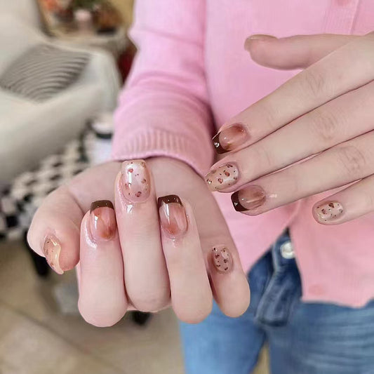 Chic Bakery Inspired Short Square Brown Ombre Press On Nail Set with Glitter Accents