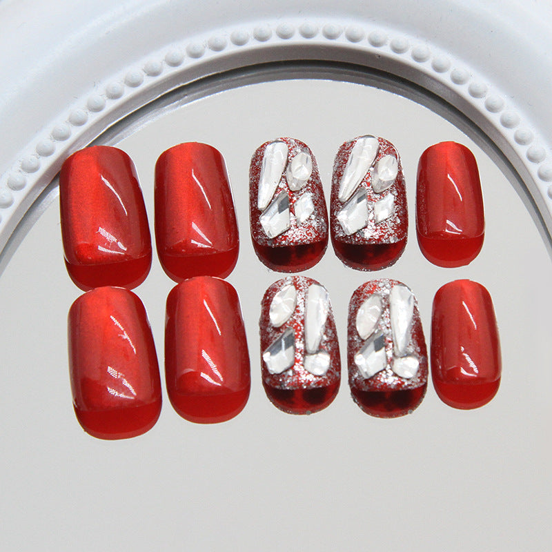 Glamorous Red Elegance Short Square Glossy Bright Red Nails with Stunning Glittering Crystal Accents