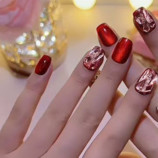 Glamorous Ruby Red Short Square Press-On Nail Set with Chic Geometric Accents