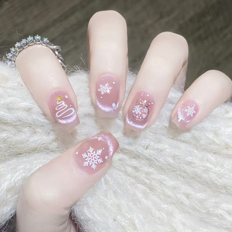 Winter Wonderland Elegant Short Square Blush Pink Elegant Snowflake Press On Nail Set