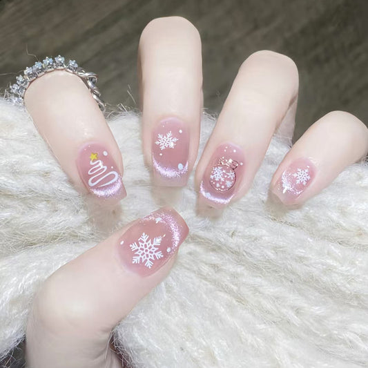 Winter Wonderland Elegant Short Square Blush Pink Elegant Snowflake Press On Nail Set