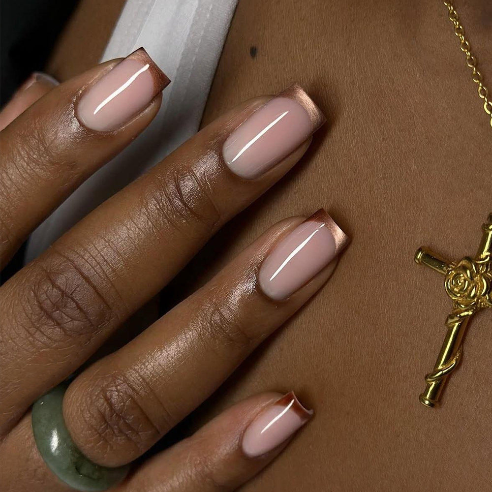 Elegant Rose Gold Edge Medium Square Press On Nail Set in Soft Pink with Glossy Finish