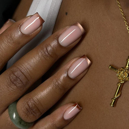 Elegant Rose Gold Edge Medium Square Press On Nail Set in Soft Pink with Glossy Finish