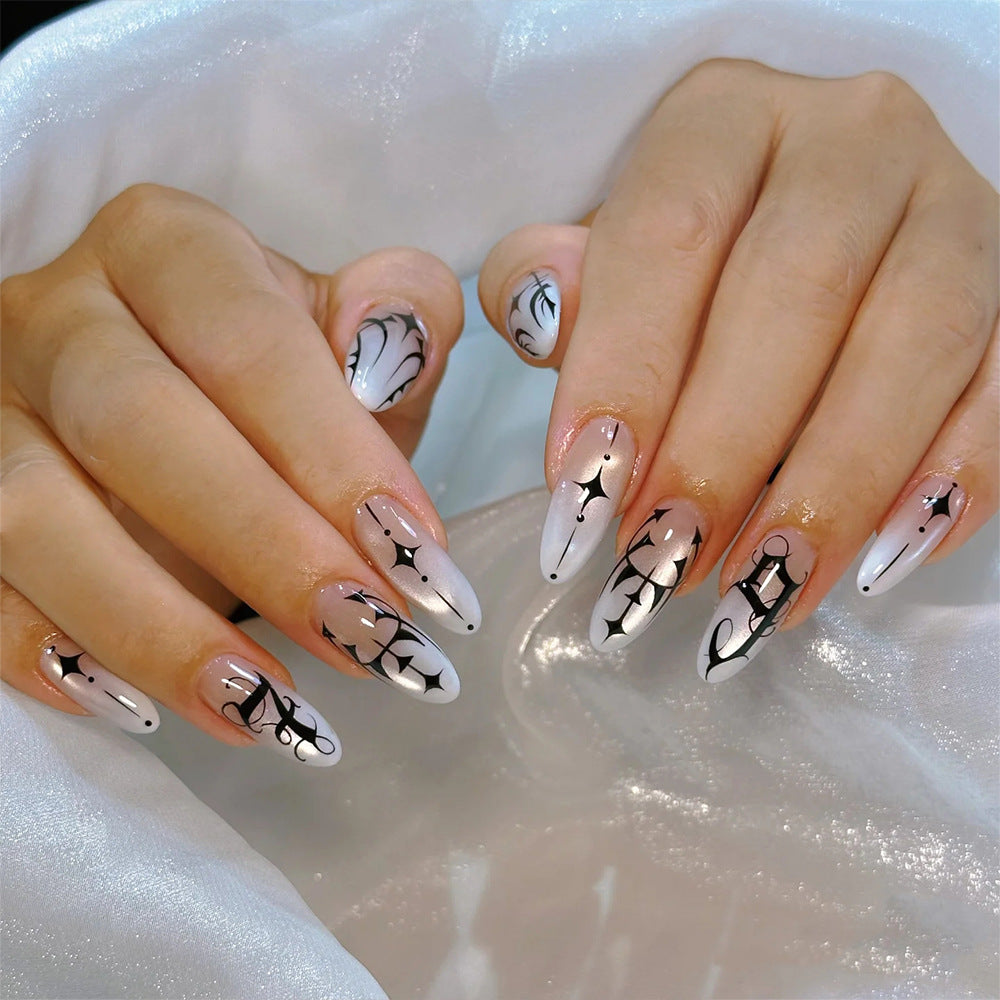 Celestial Chic Long Almond White with Black Swirls Press-On Nail Set