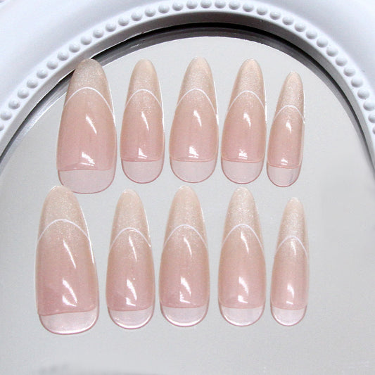 Glamorous Elegance Long Almond Peach Press On Nail Set with Shimmering Tips