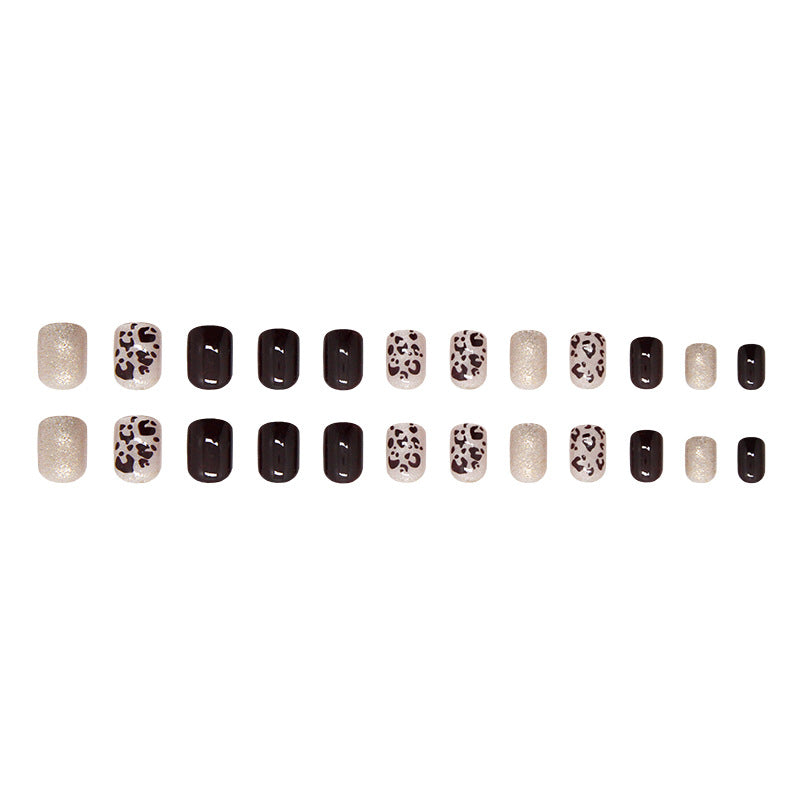 Savannah Chic Glossy Short Square Press-On Nail Set in Smoky Black and Shimmering Beige with Animal Print Accents