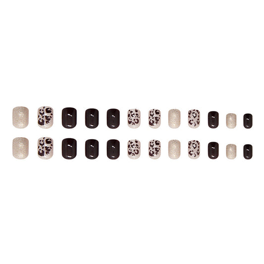 Savannah Chic Glossy Short Square Press-On Nail Set in Smoky Black and Shimmering Beige with Animal Print Accents