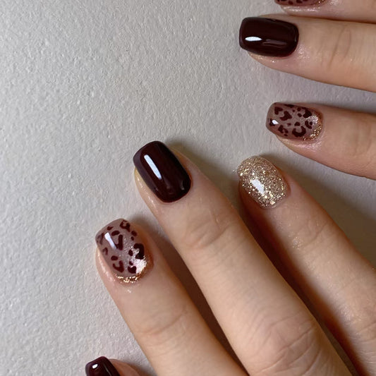 Glamorous Wild Side Short Square Length Burgundy and Glittery Leopard Print Press On Nail Set
