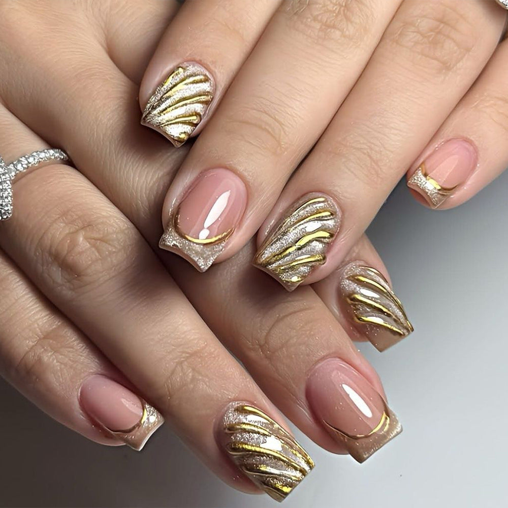 Glamorous Elegance Short Square Beige with Gold Wave Design Press On Nail Set