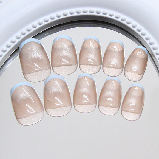 Elegant Serenity Short Squoval Beige with Glossy Blue Tip Press-On Nail Set