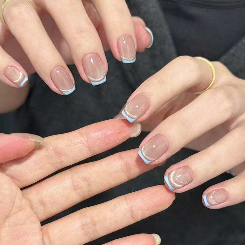 Dreamy Elegance Short Square Beige with Light Blue Tips and Glitter Accent Press-On Nail Set