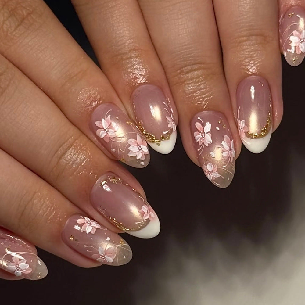 Blossom Elegance Medium Almond Pink Floral Press On Nail Set