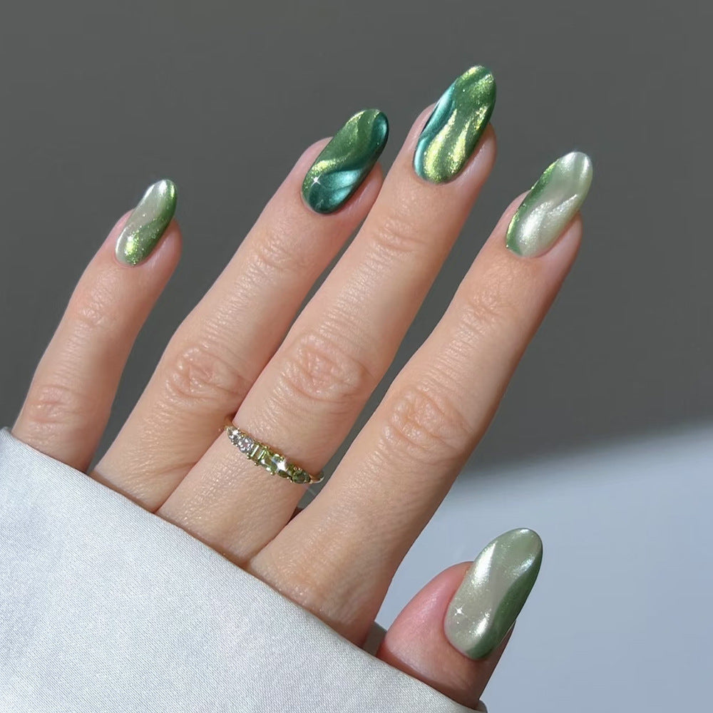 Emerald Elegance Medium Oval Iridescent Press On Nail Set