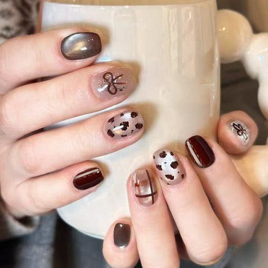 Bohemian Chic Short Square Burgundy and Brown Animal Print Press-on Nail Set with Glitter Accents
