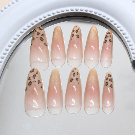 Wild Safari Chic Long Almond Beige Press-On Nail Set with Trendy Leopard Print Accent