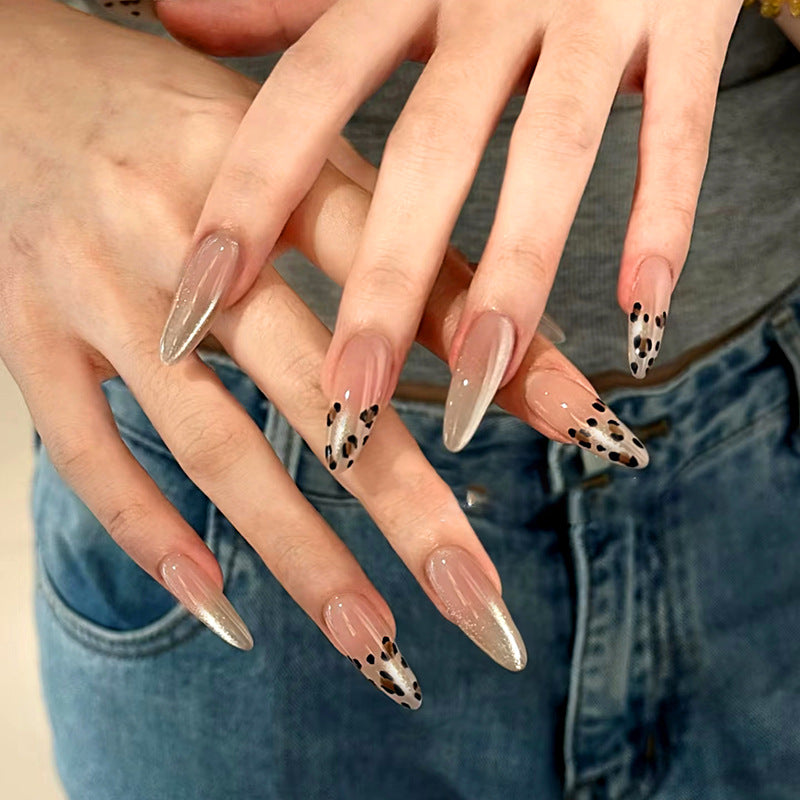 Wild Safari Elegance Long Almond Shape Transparent Beige with Stylish Leopard Print Tip Press On Nail Set