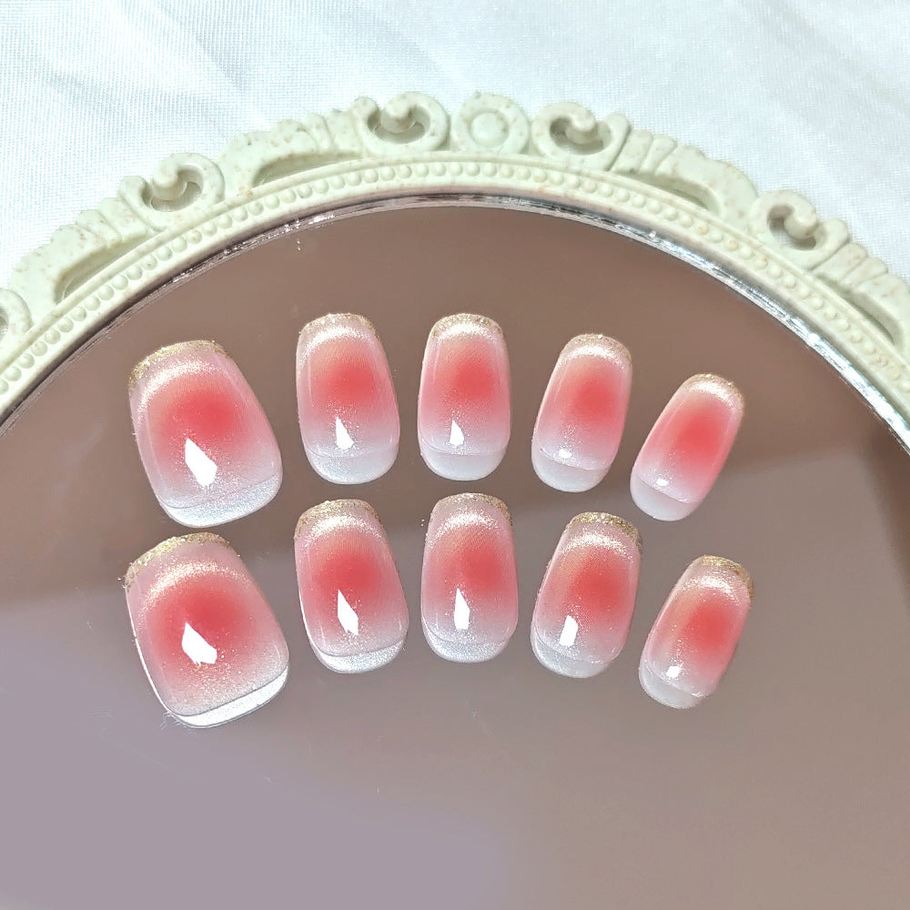 Blush Garden Long Square Pink Ombre Nails with Gold Glitter Tips
