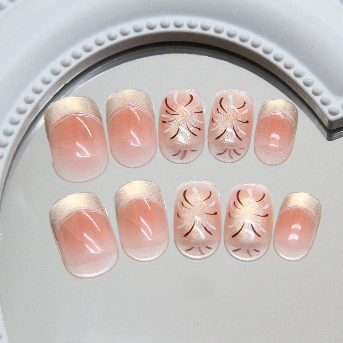 Elegant Garden Inspired Extra Short Square Peach Press-On Nail Set with Golden Leaf Accents and Shimmering Details