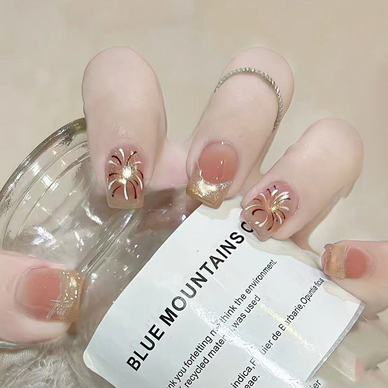 Nature's Bliss Elegant Short Square Blue Ombre Press-On Nail Set with Golden Floral Accents