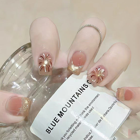 Nature's Bliss Elegant Short Square Blue Ombre Press-On Nail Set with Golden Floral Accents