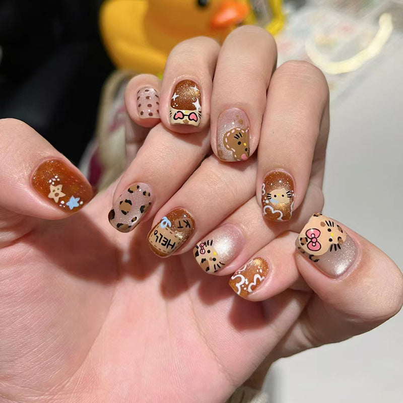 Playful Whimsical Press on Nail Set Short Square Light Brown with Cute Animal and Star Designs