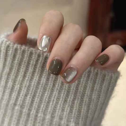 Nature-Inspired Chic Glossy Short Square Olive Green and Silver Press On Nail Set with Unique Shimmer Finish