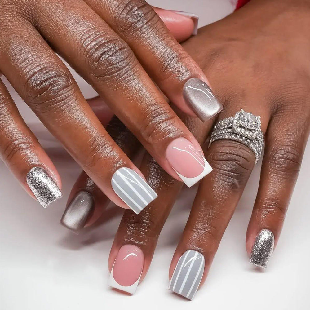 Glamorous Elegance Medium Square Gray with Chic Stripes Press On Nail Set