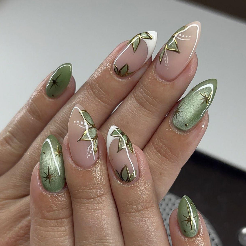 Nature Inspired Medium Almond Green and Gold Nail Set with Botanical Design