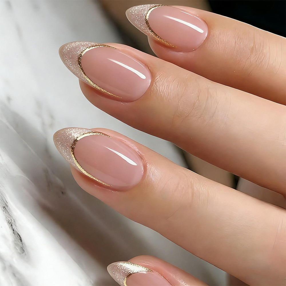 Glamorous Elegance Medium Almond Blush Pink Nail Set with Glitter Tip Design