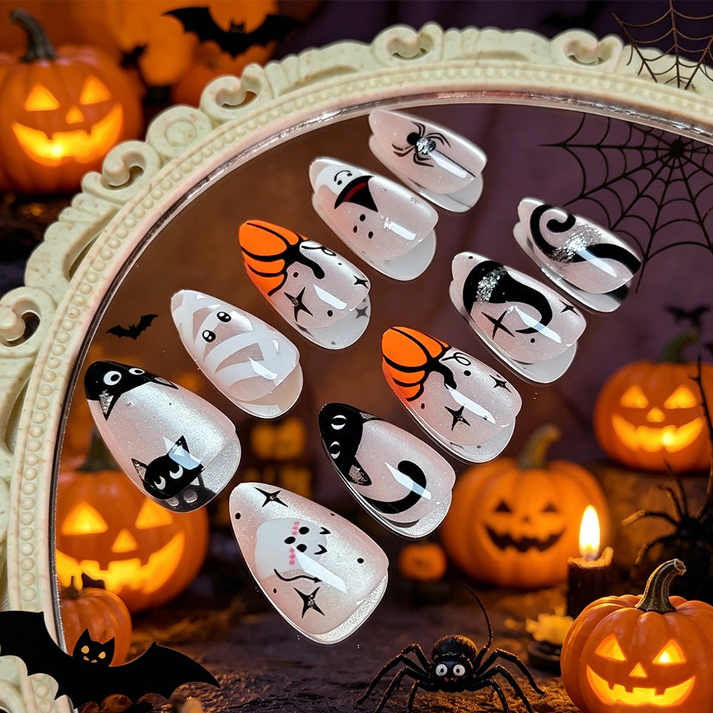 Spooky Halloween Medium Almond Orange and Black Design Press On Nail Set