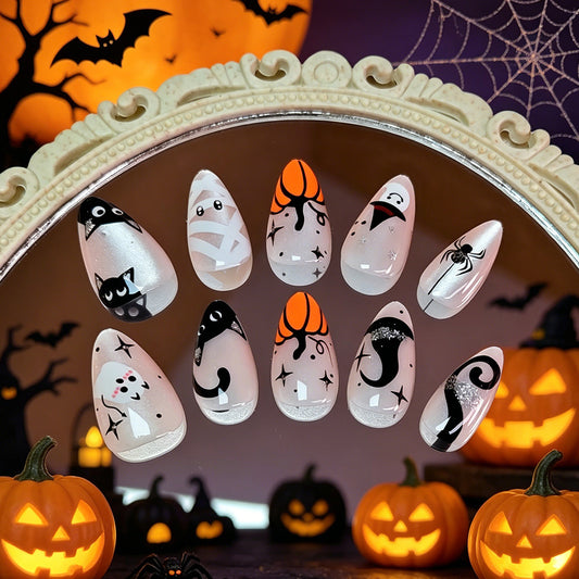 Spooky Vibes Medium Almond Orange and Black Halloween Nail Set with Fun Character Designs