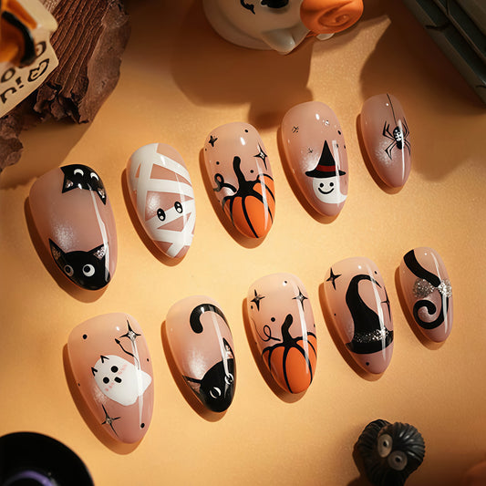 Spooky Medium Almond Orange and Black Halloween Themed Press on Nail Set