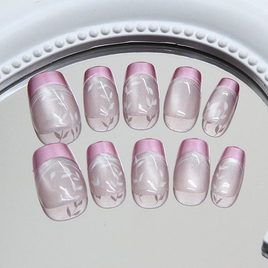 Floral Elegance Short Square Almond Pink Press-On Nail Set with Delicate Leaf Design