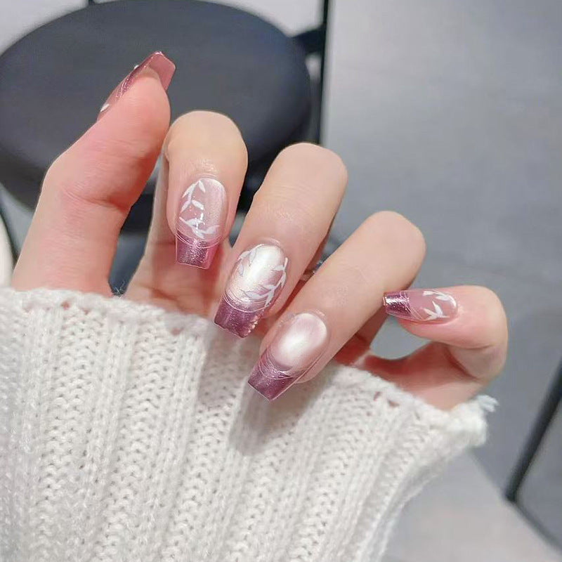 Elegant Floral Dream Medium Coffin Pink Ombre Press On Nail Set with Unique Artistic Design