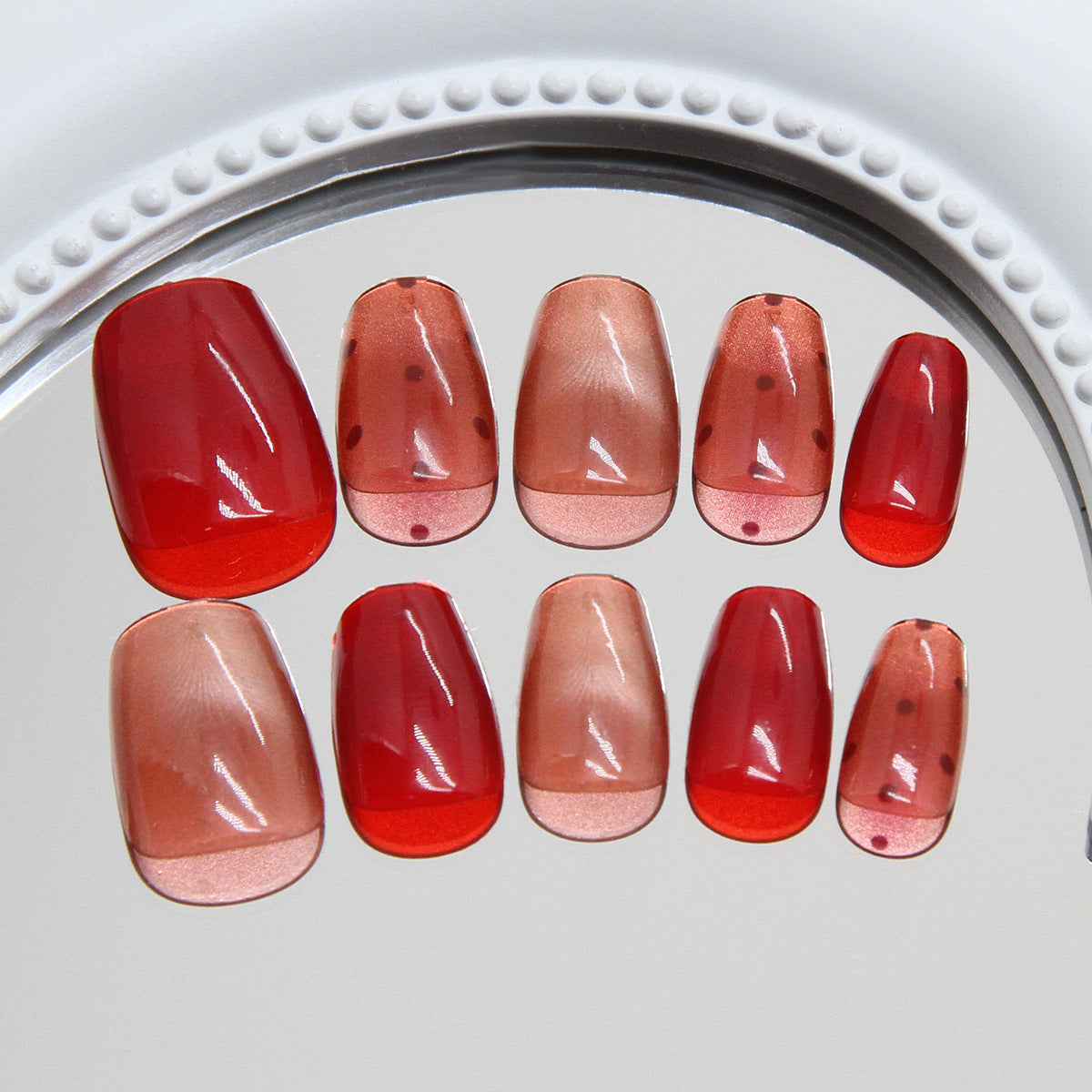 Chic Glamour Press On Nail Set Medium Coffin Red Ombre with Dotted Design