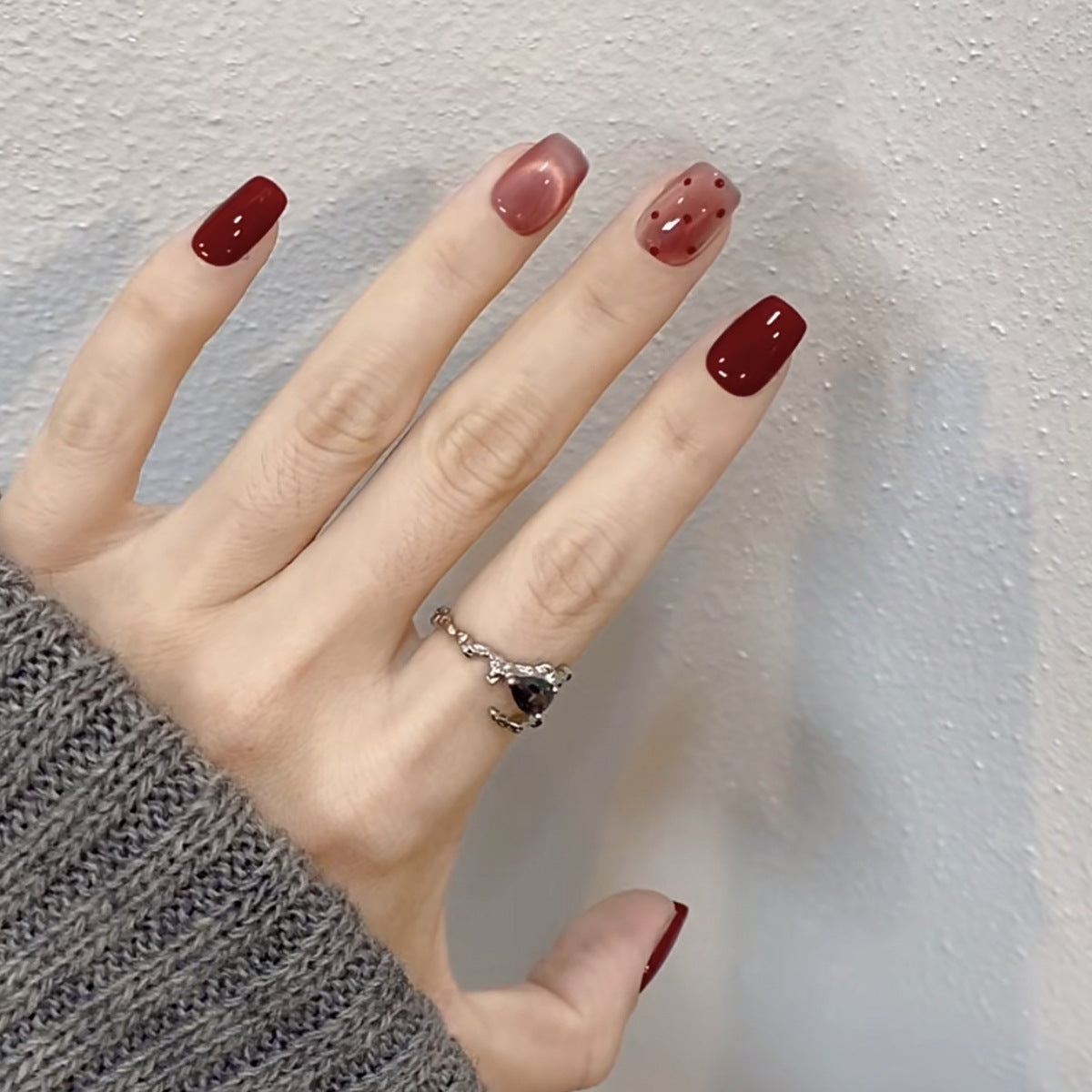 Chic Elegance Short Square Burgundy Ombre Press on Nail Set with Dotted Accent Design