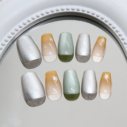 Whimsical Garden Press-On Nail Set Medium Coffin Silver and Green Ombre with Floral Accent
