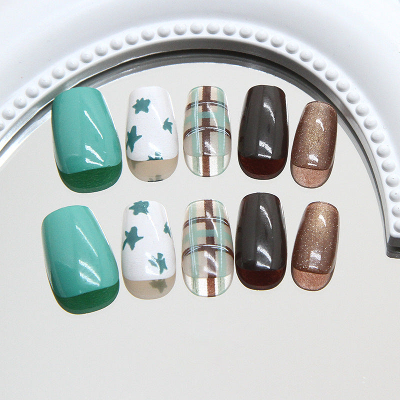 Tropical Oasis Short Square Shaped Vibrant Teal and Elegant Brown Press on Nail Set with Unique Floral and Plaid Patterns